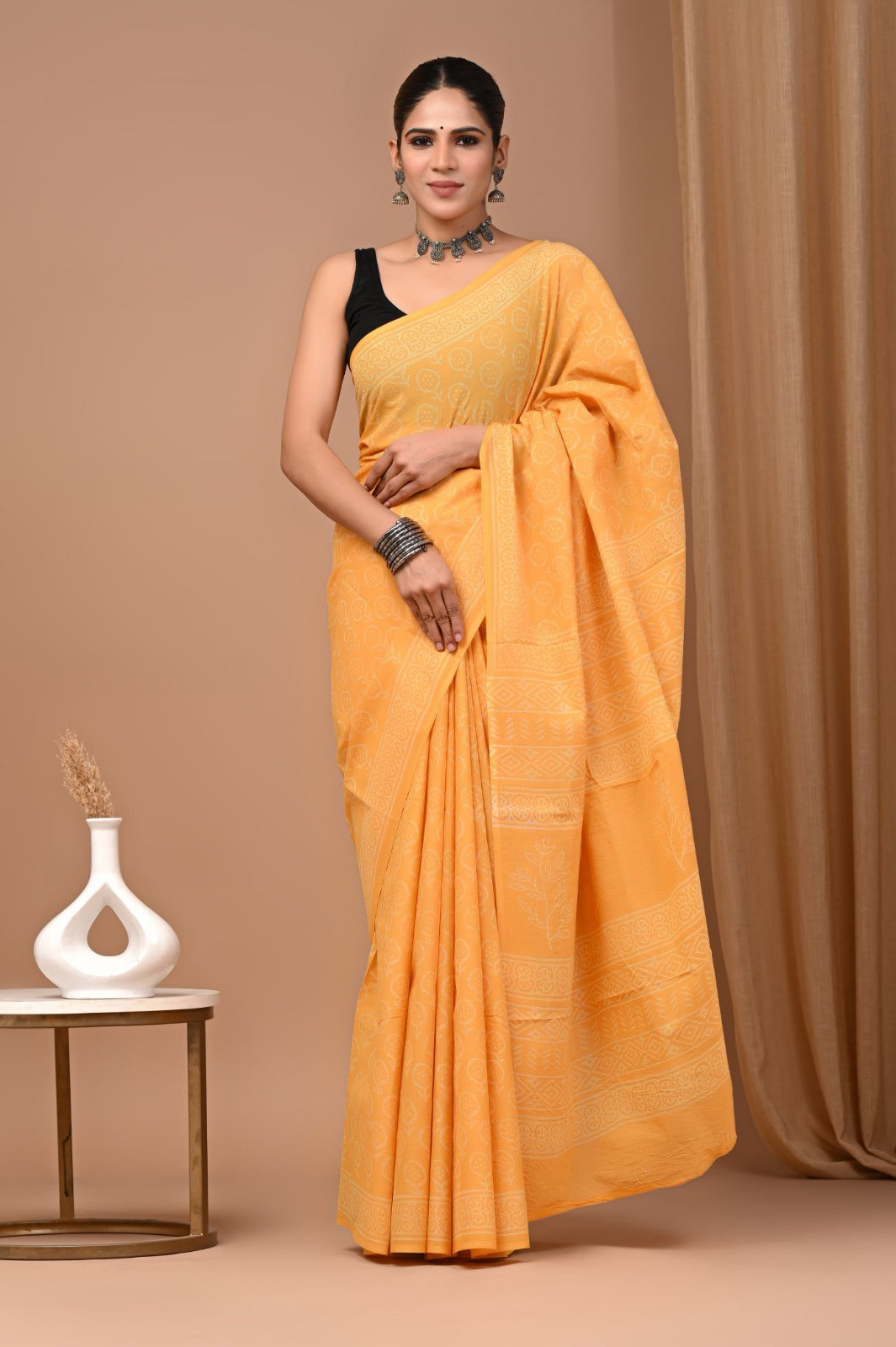 Hand blocked Pure Mulmul saree_RFT