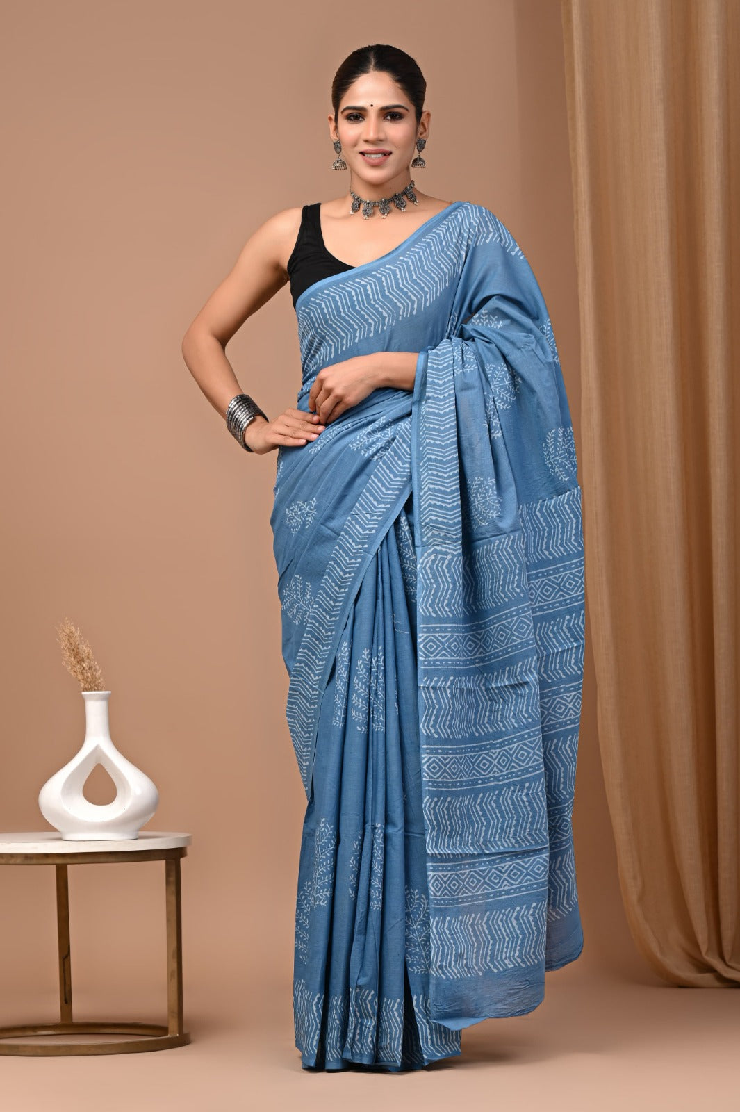 Hand blocked Pure Mulmul saree_RFT