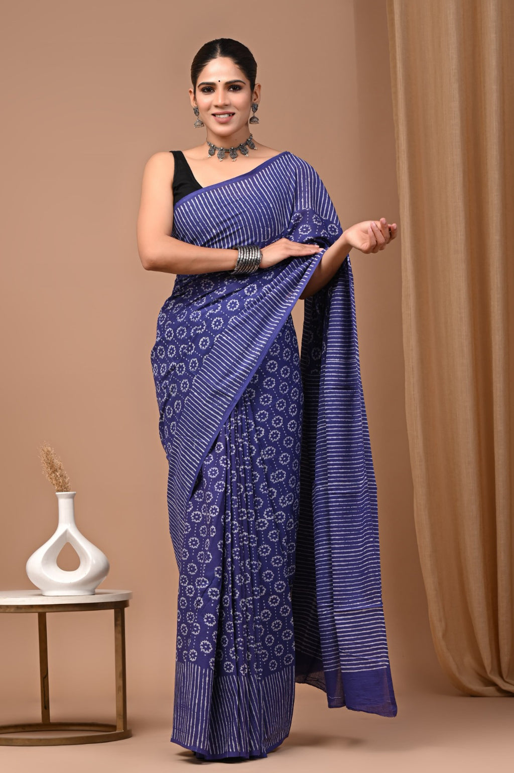 Hand blocked Pure Mulmul saree_RFT