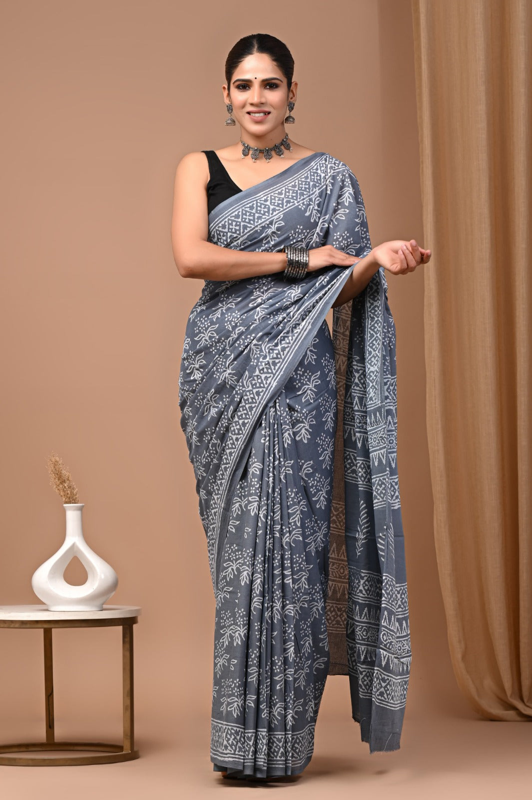 Hand blocked Pure Mulmul saree_RFT