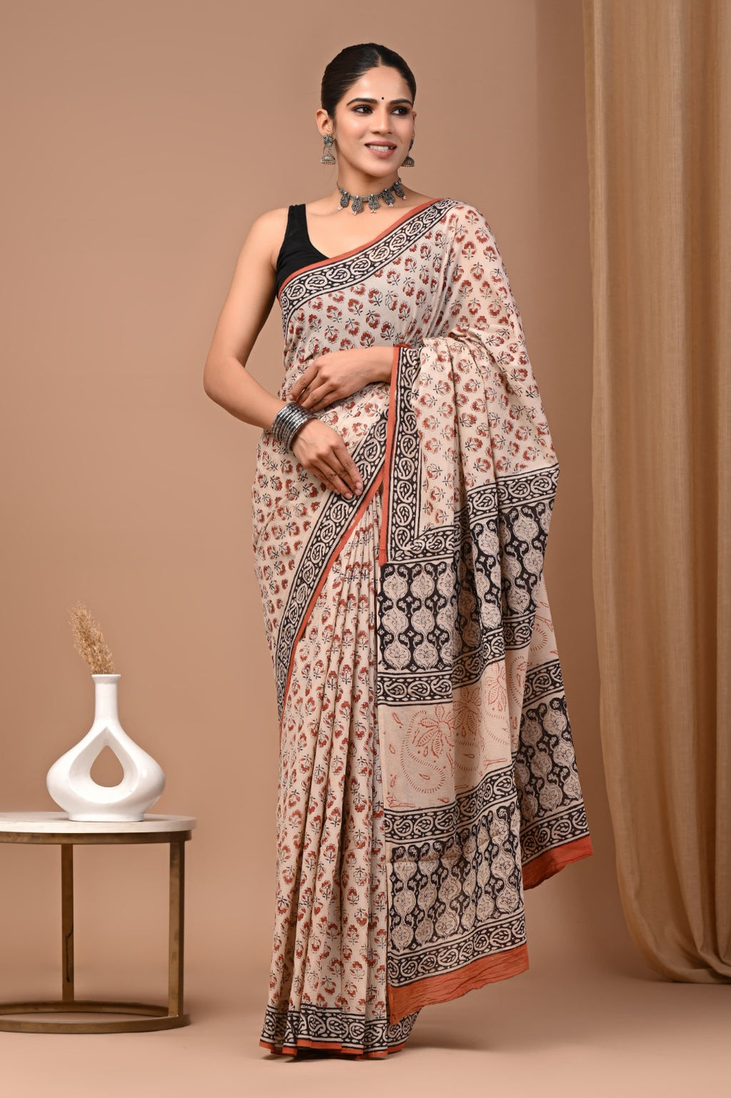 Hand blocked Pure Mulmul saree_RFT