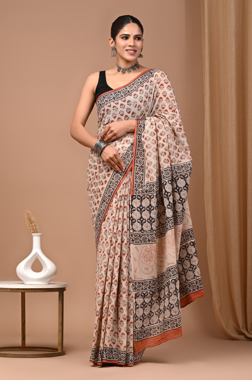 Hand blocked Pure Mulmul saree_RFT