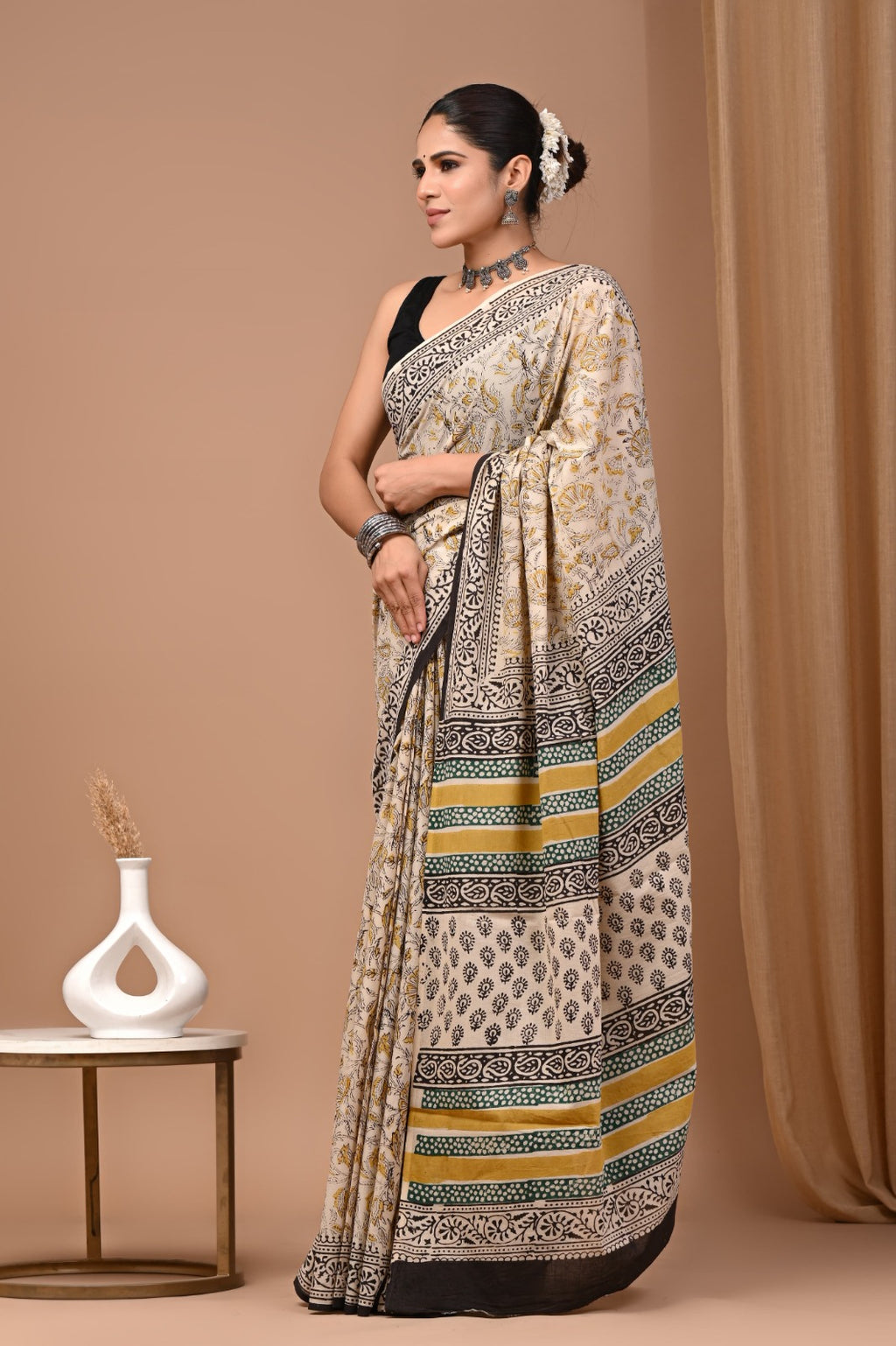 Hand blocked Pure Mulmul saree_RFT