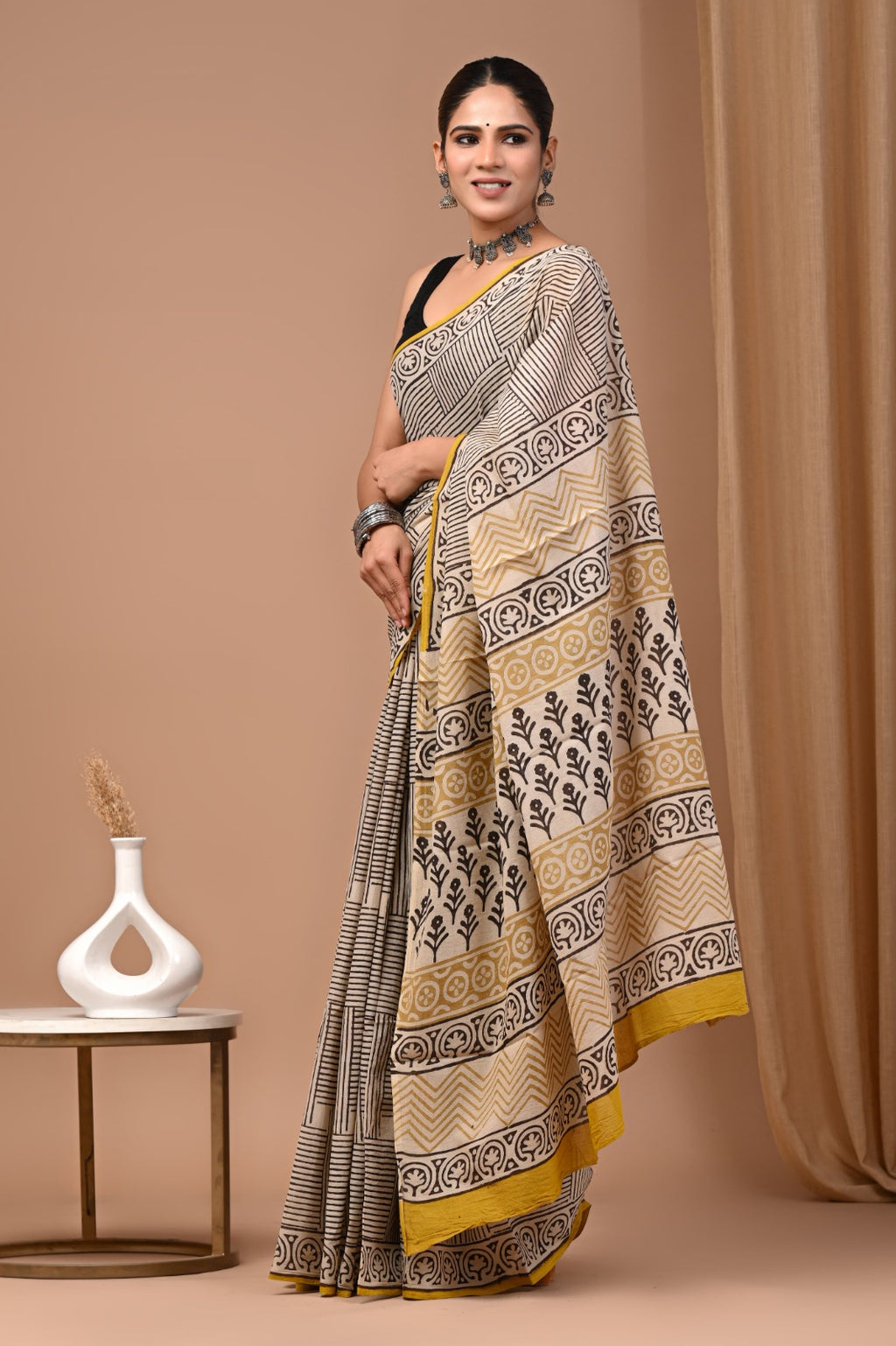 Hand blocked Pure Mulmul saree_RFT