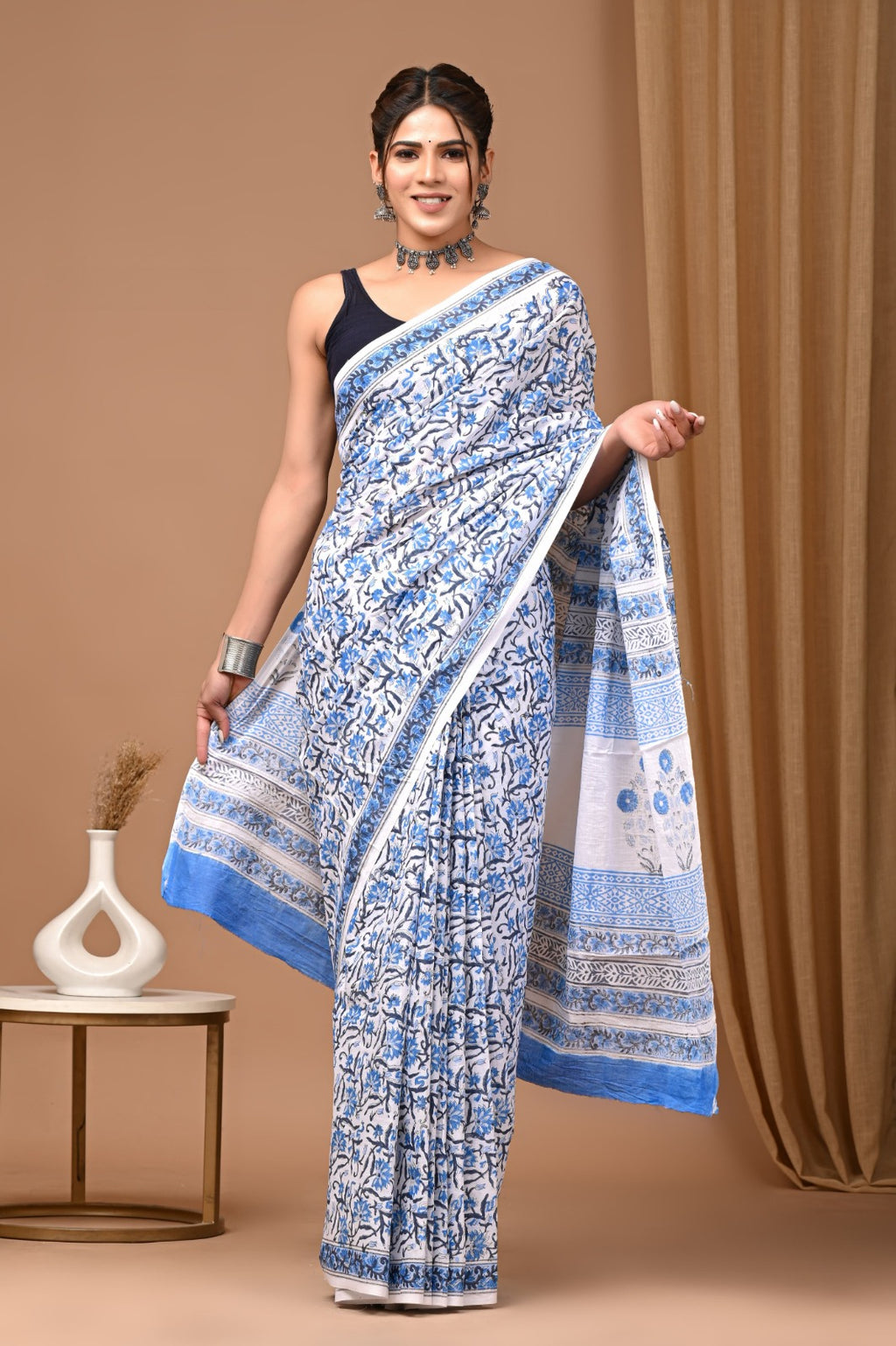 Hand blocked Pure Mulmul saree_RFT