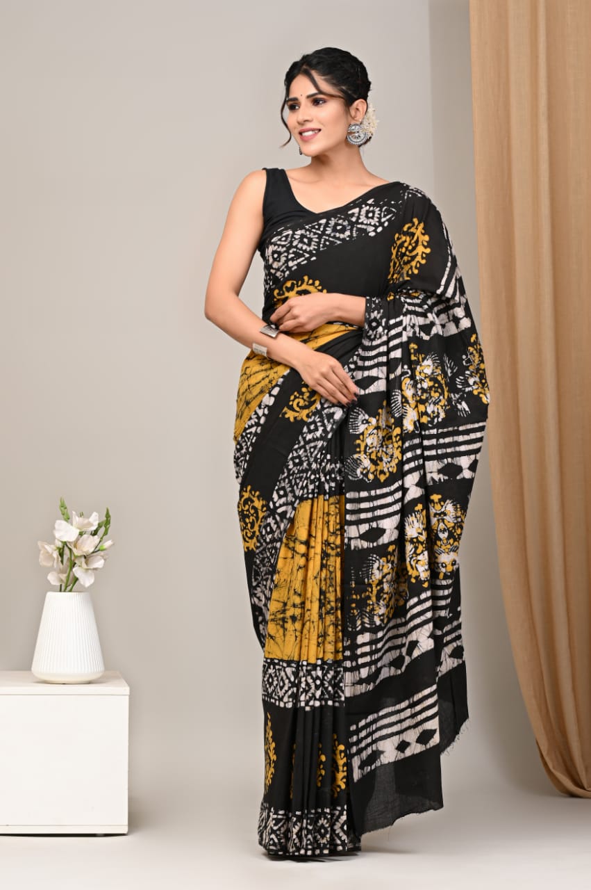 Hand blocked Pure Mulmul saree_RFT