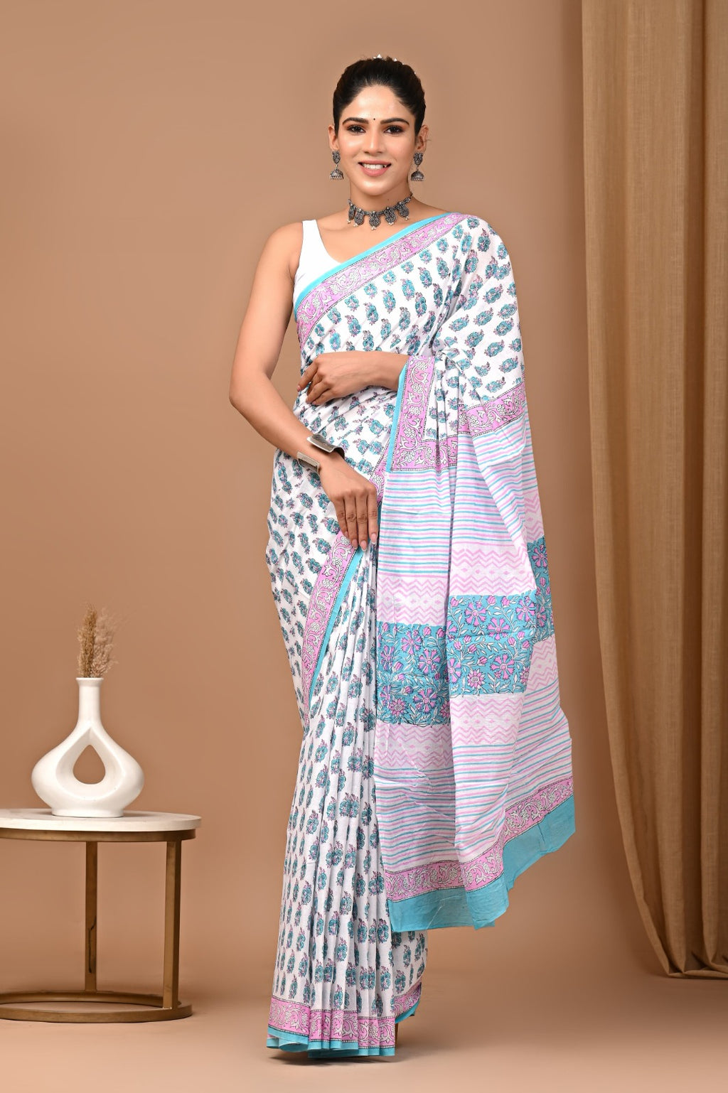 Hand blocked Pure Mulmul saree_RFT