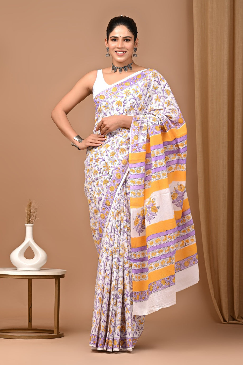 Hand blocked Pure Mulmul saree_RFT