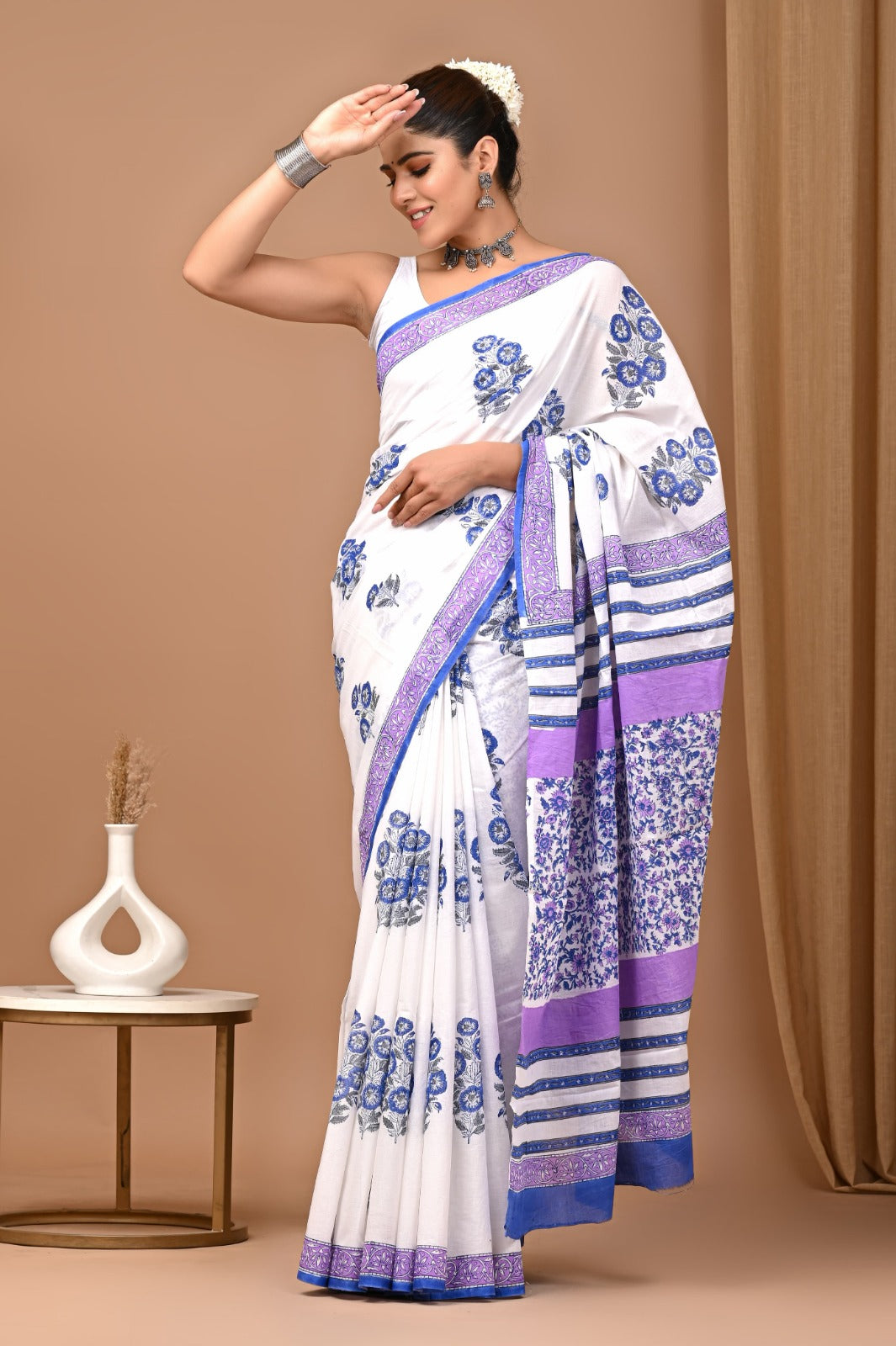 Hand blocked Pure Mulmul saree_RFT