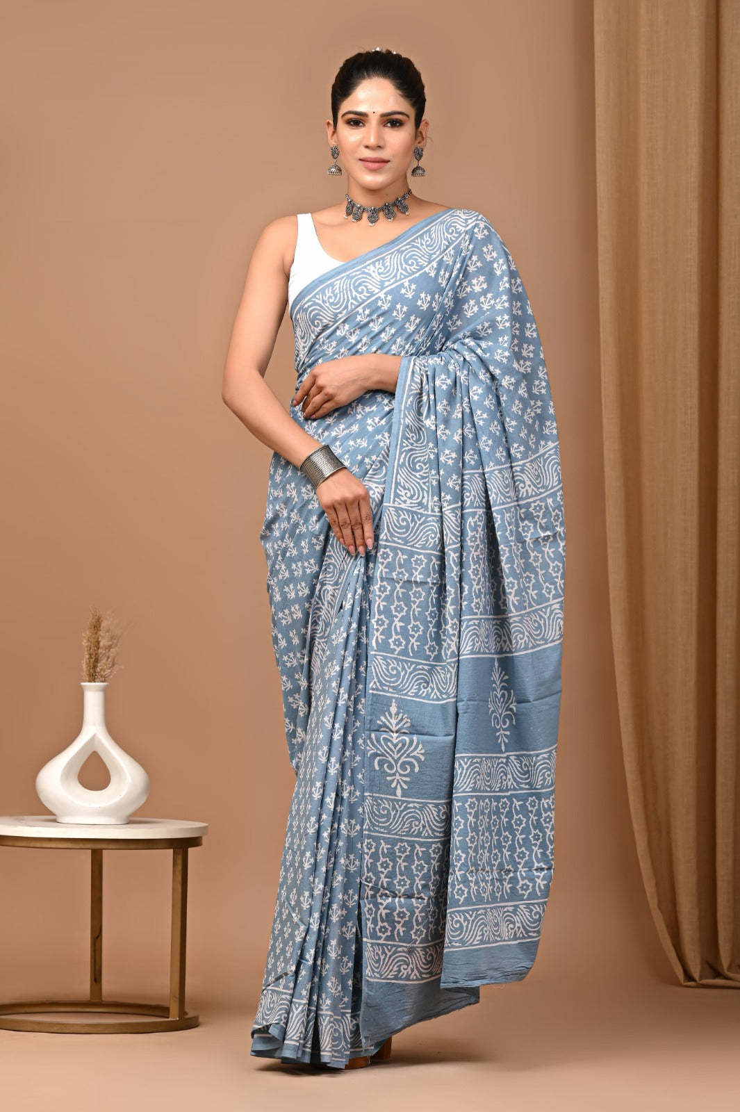 Hand blocked Pure Mulmul saree_RFT