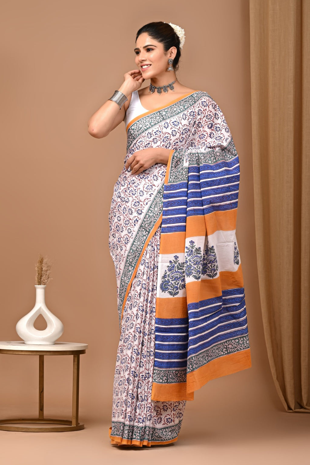 Hand blocked Pure Mulmul saree_RFT