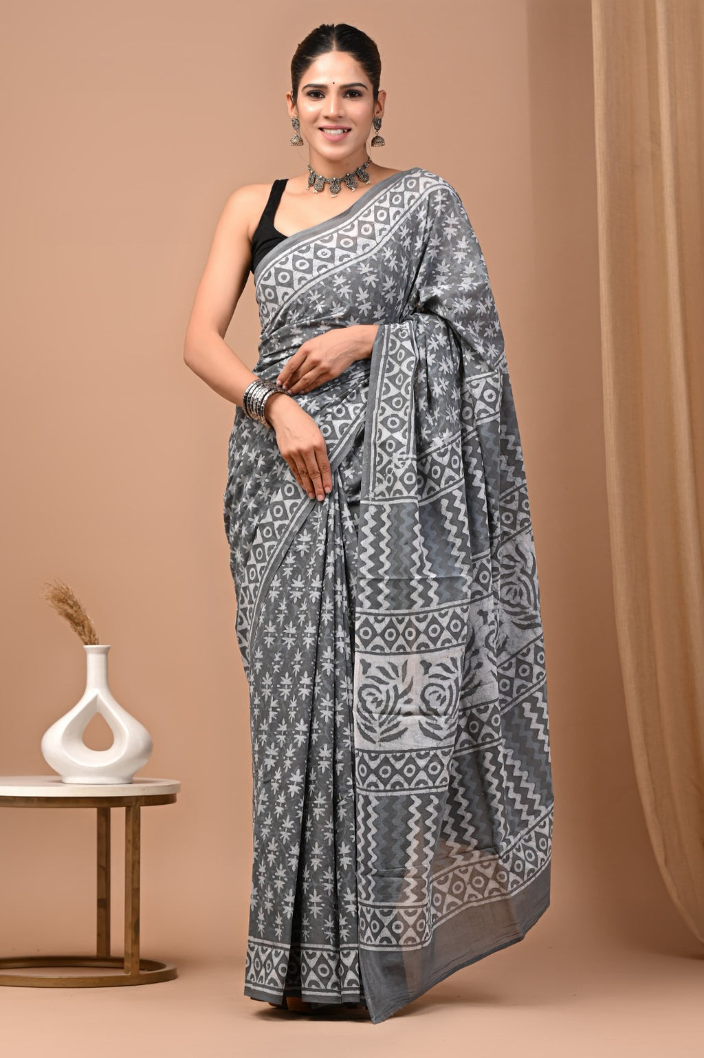Hand blocked Pure Mulmul saree_RFT