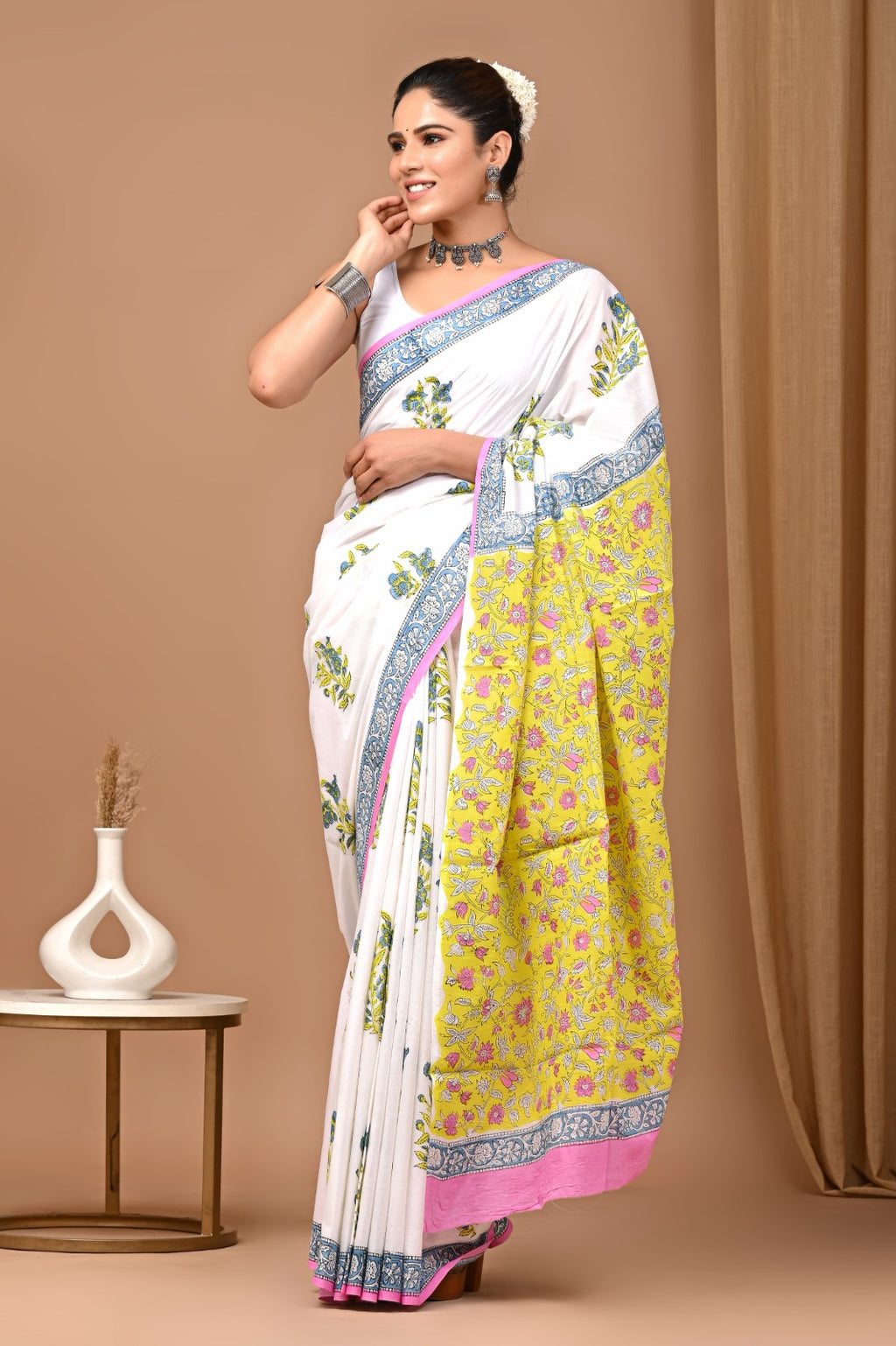 Hand blocked Pure Mulmul saree_RFT