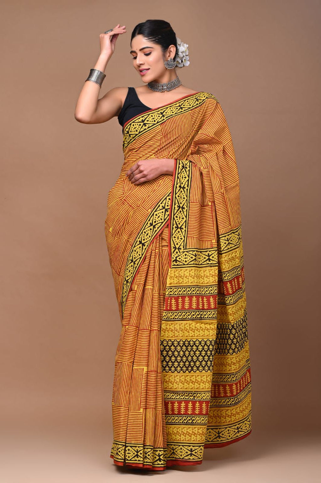 Hand blocked Pure Mulmul saree_RFT