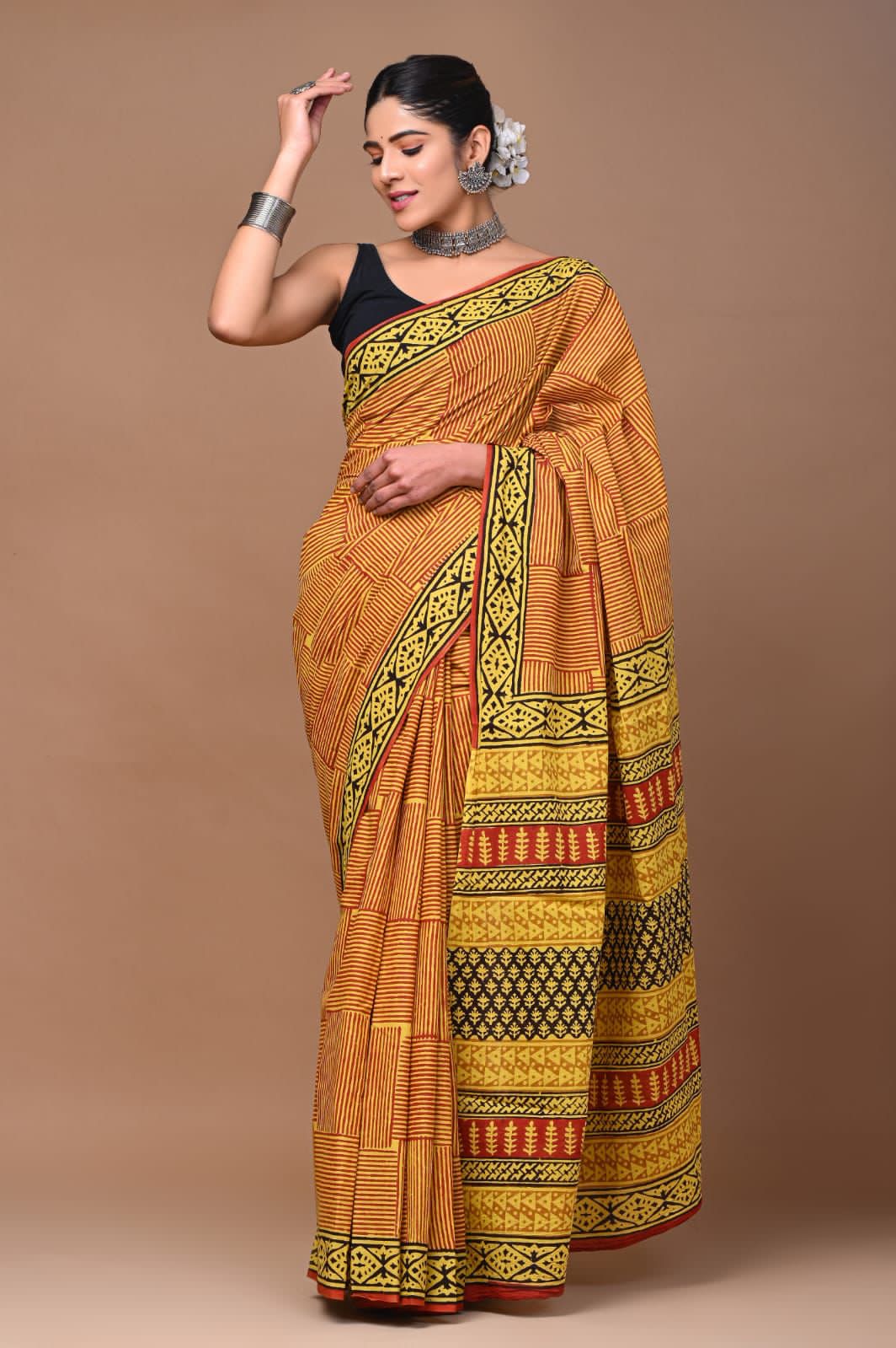 Hand blocked Pure Mulmul saree_RFT