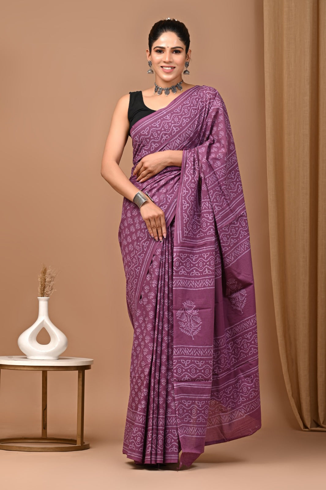 Hand blocked Pure Mulmul saree_RFT