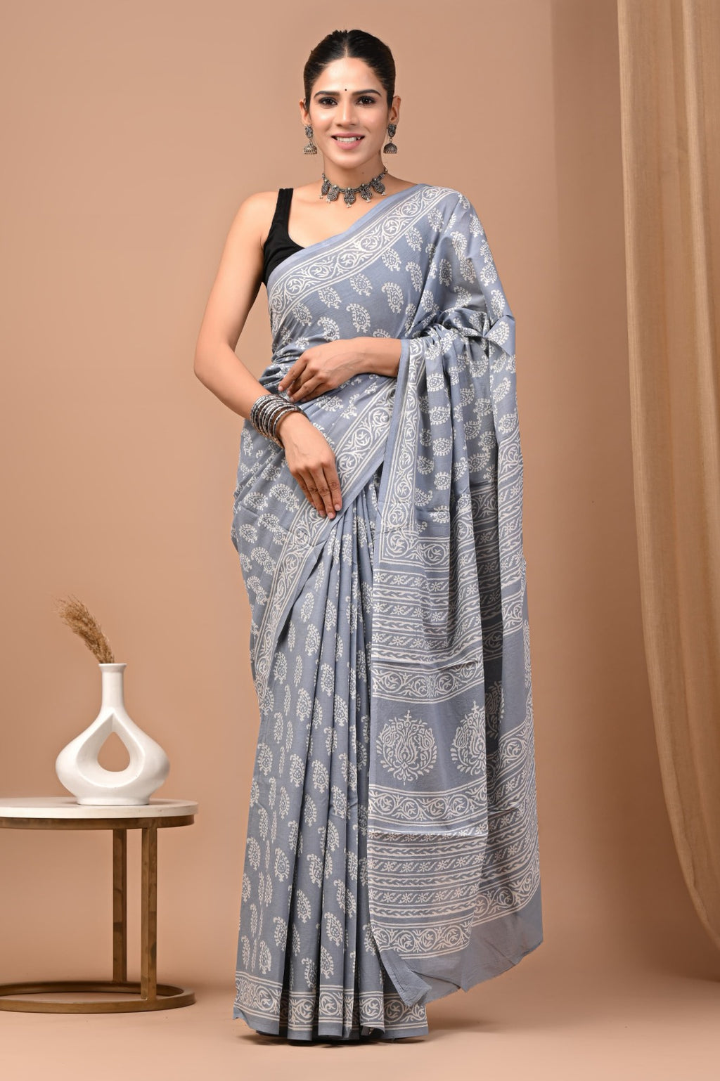 Hand blocked Pure Mulmul saree_RFT