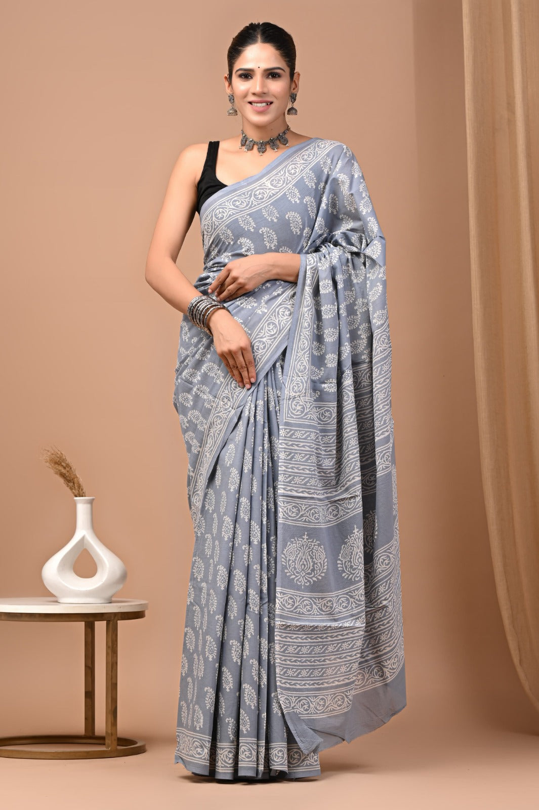 Hand blocked Pure Mulmul saree_RFT