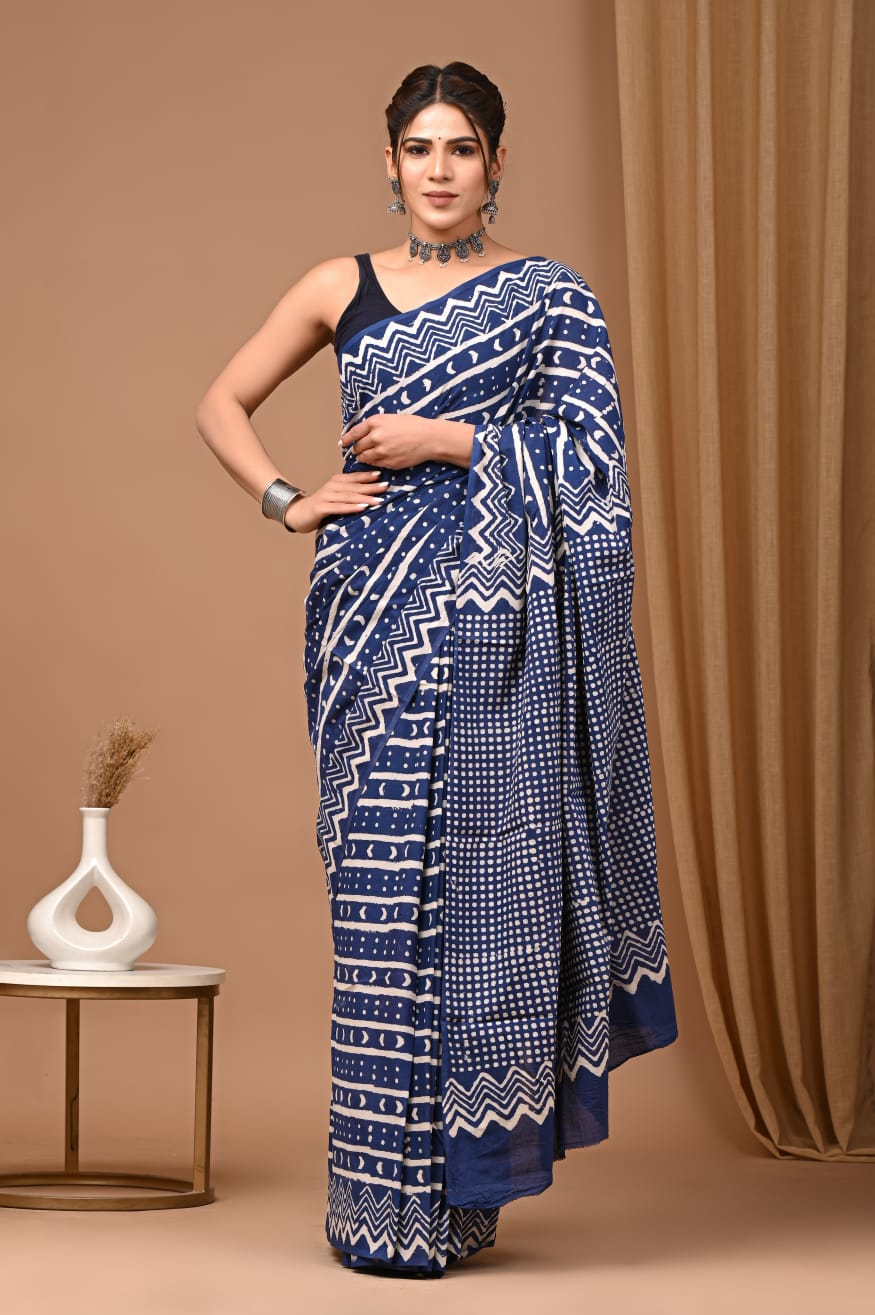 Hand blocked Pure Mulmul saree_RFT