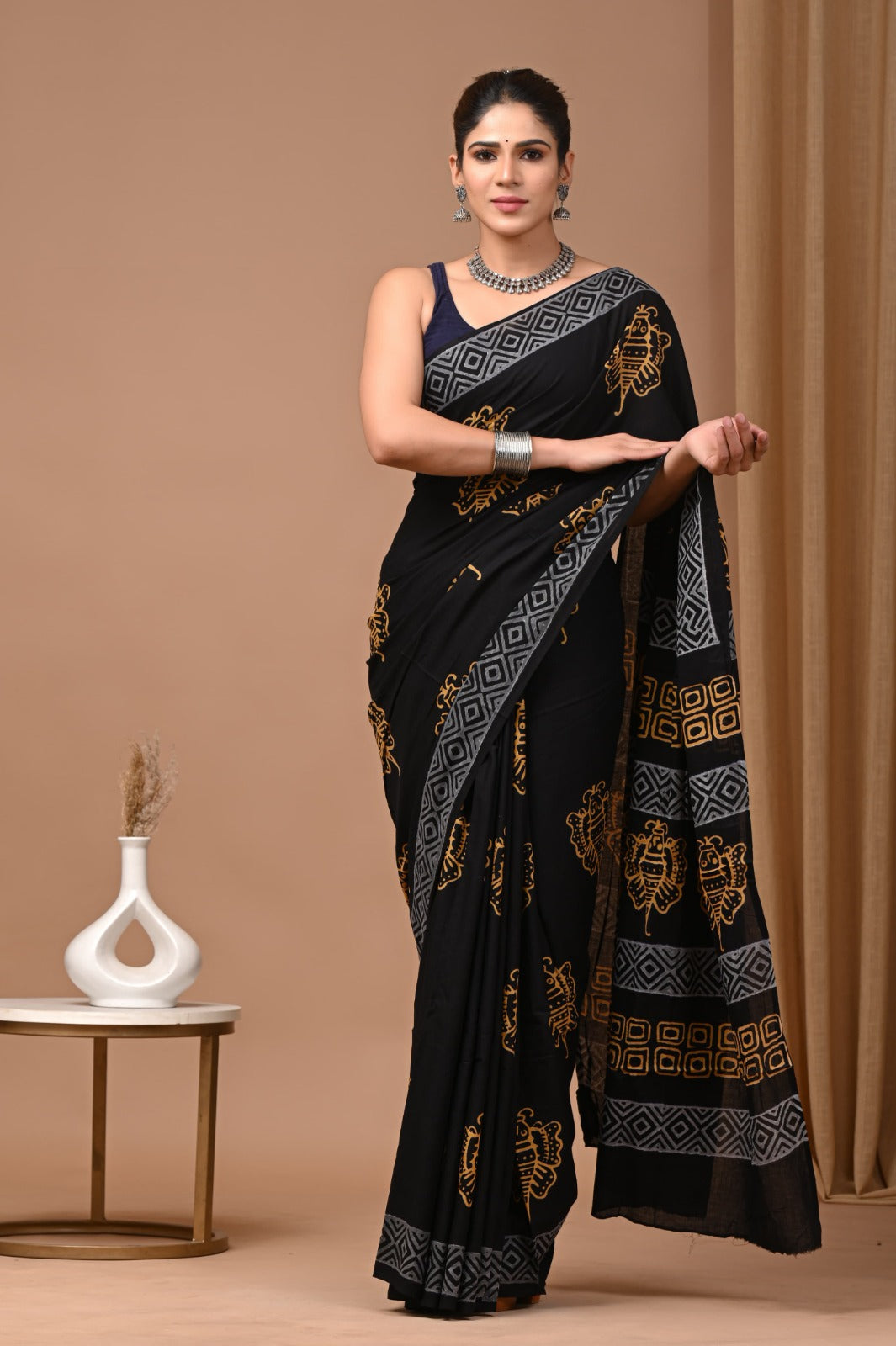 Hand blocked Pure Mulmul saree_RFT