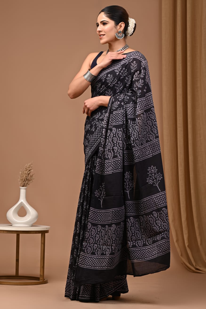 Hand blocked Pure Mulmul saree_RFT