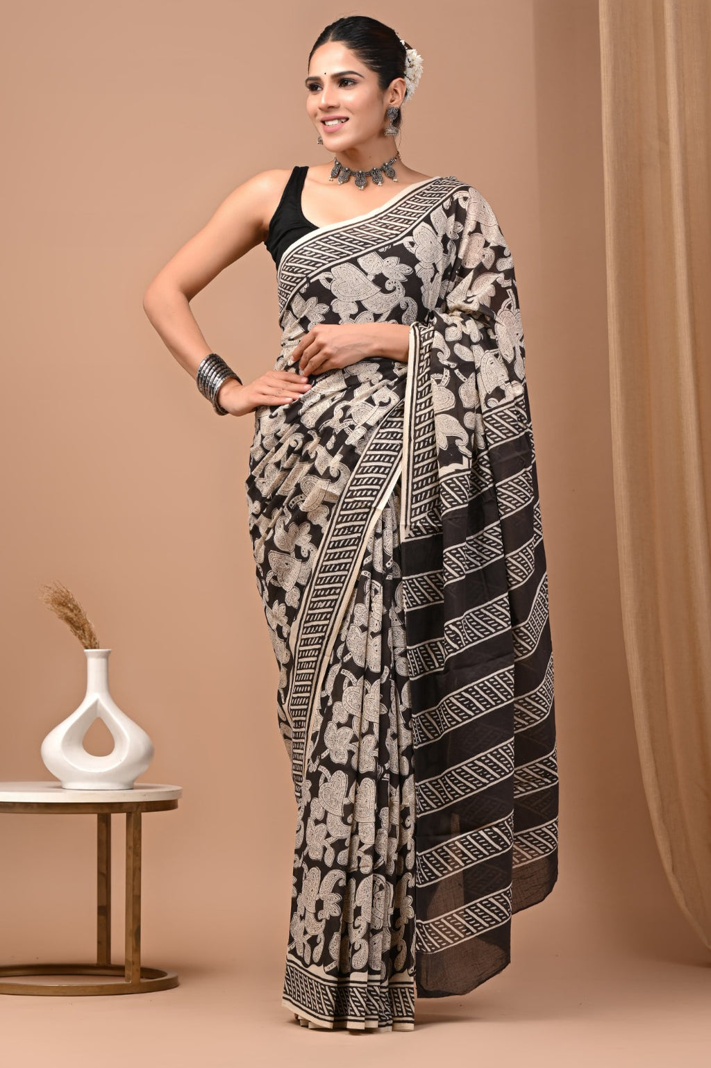 Hand blocked Pure Mulmul saree_RFT