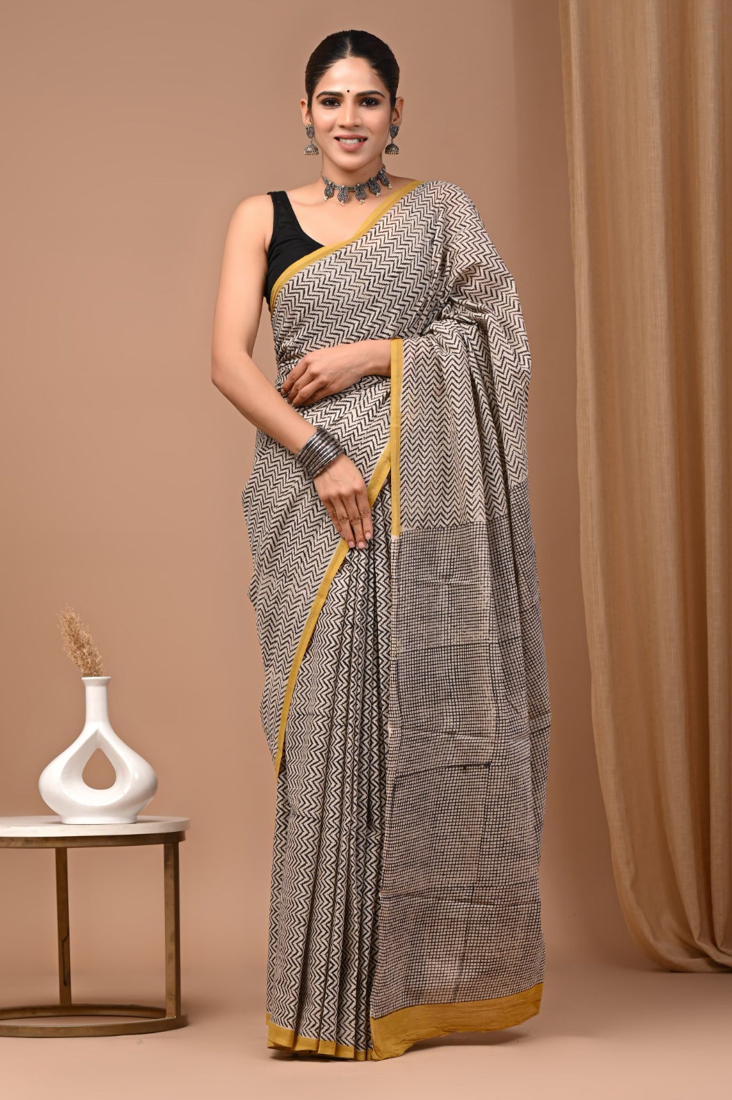 Hand blocked pure saree