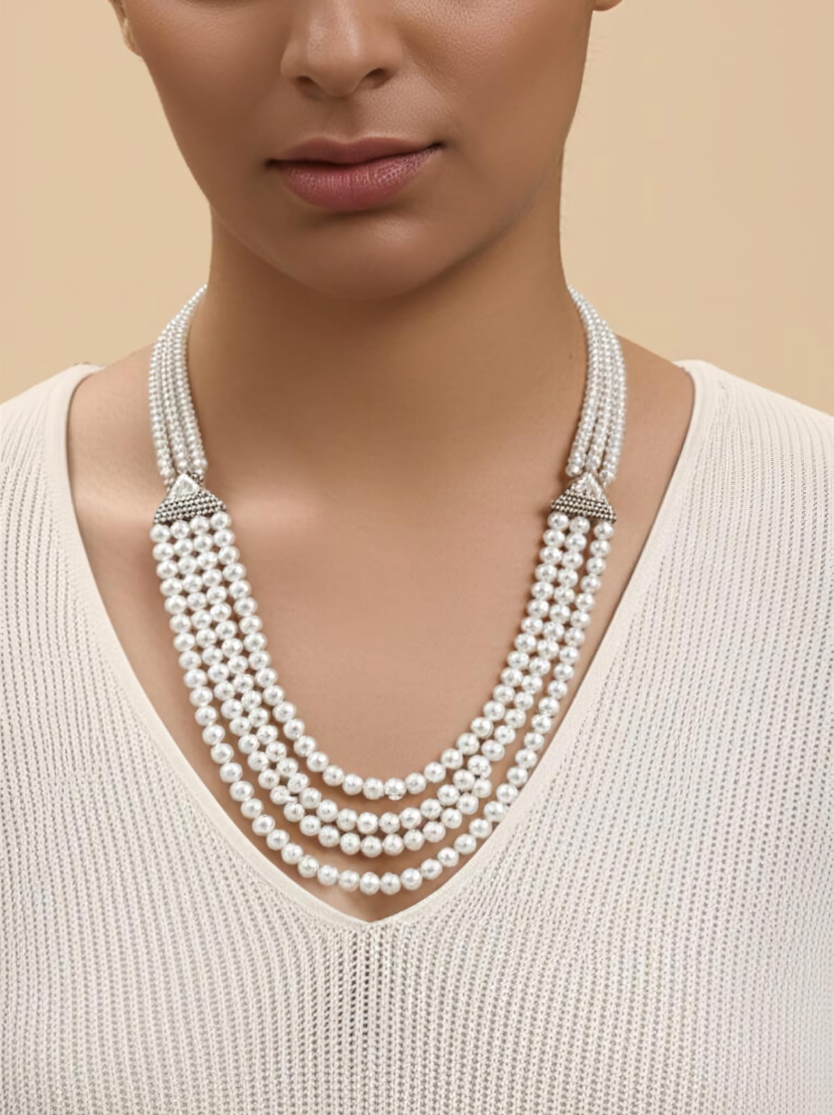 Triple white beads with single layered chain