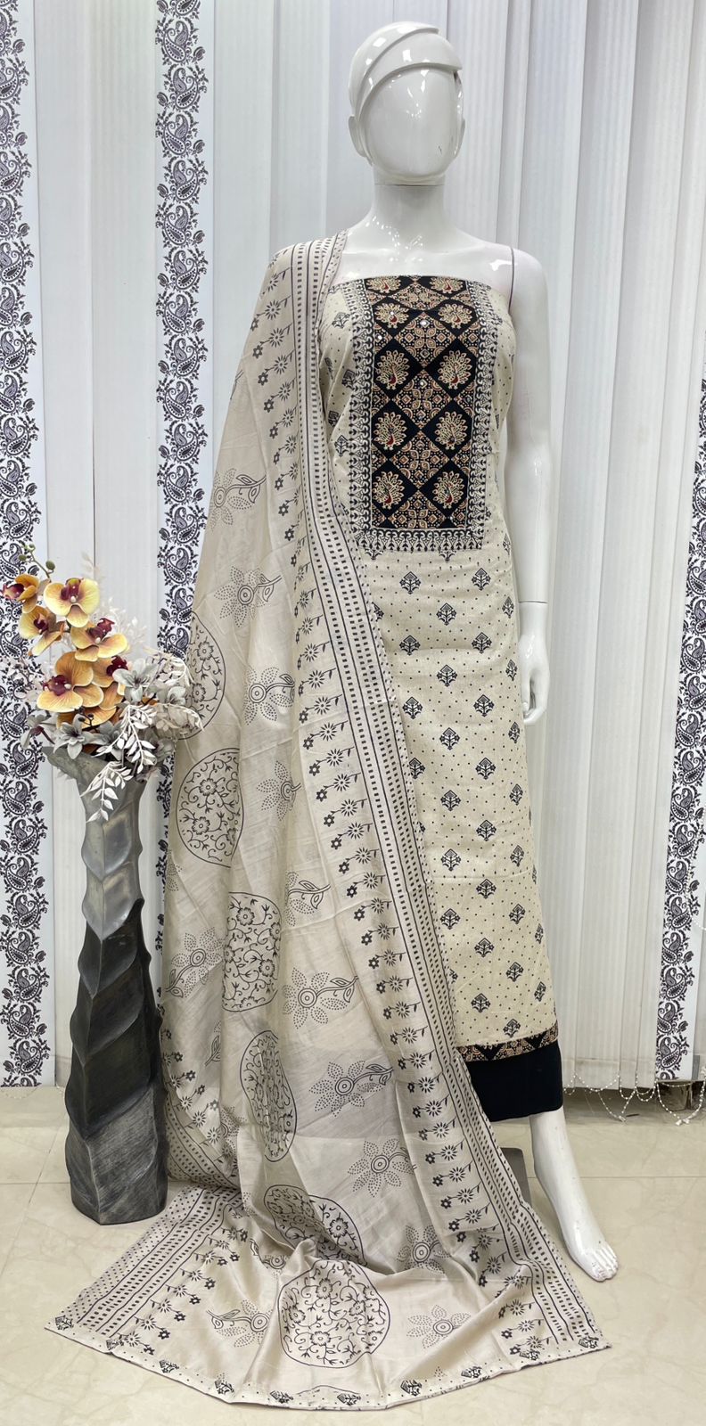 COTTON JUTE BLOCK PRINT NECK PATCH WITH MIRROR HANDWORK