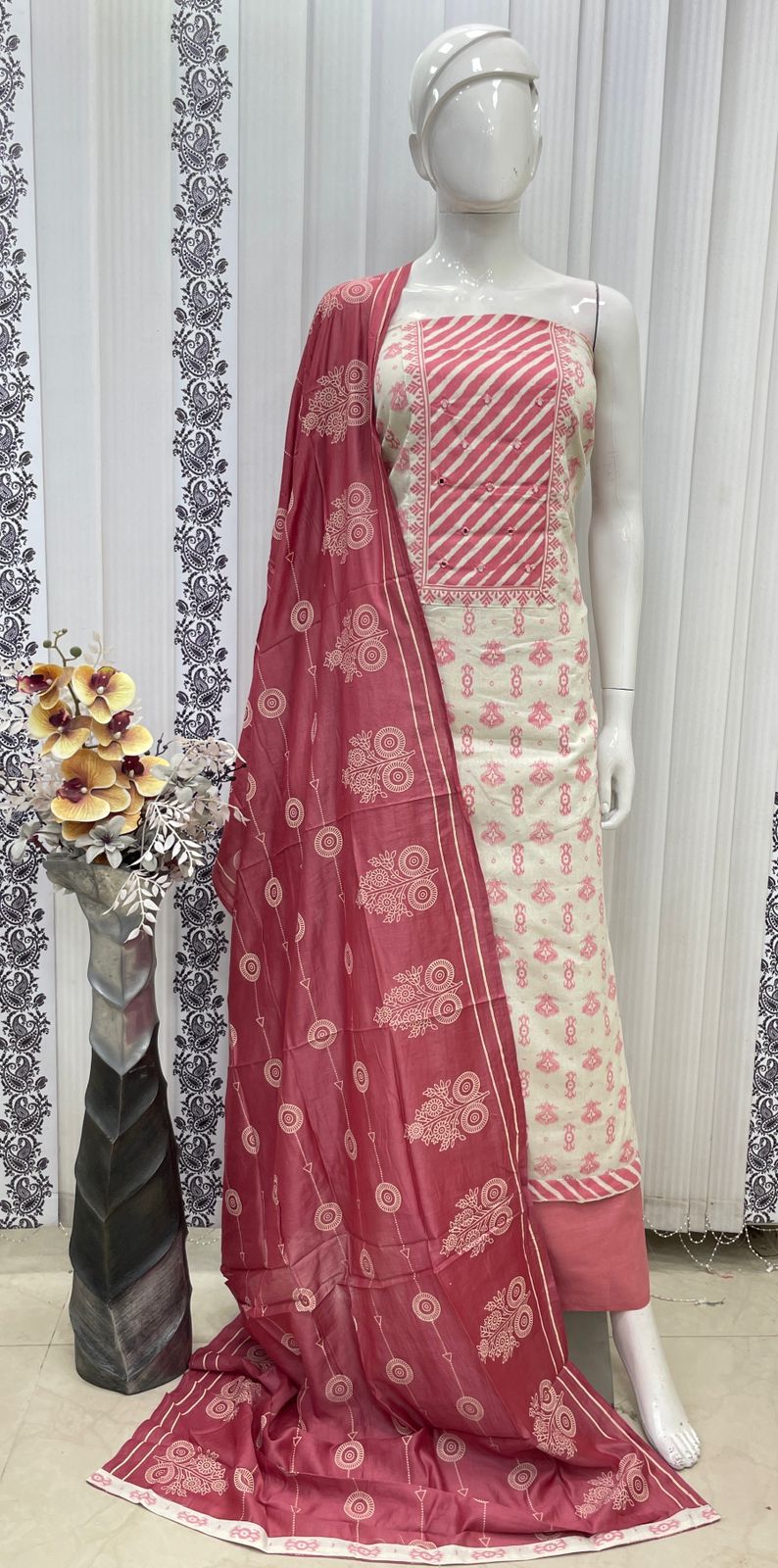 COTTON JUTE BLOCK PRINT NECK PATCH WITH MIRROR HANDWORK