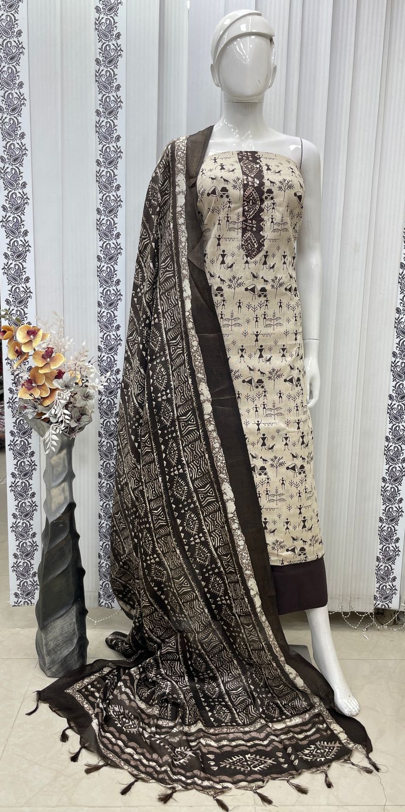 COTTON JUTE BLOCK PRINT NECK PATCH WITH MIRROR HANDWORK