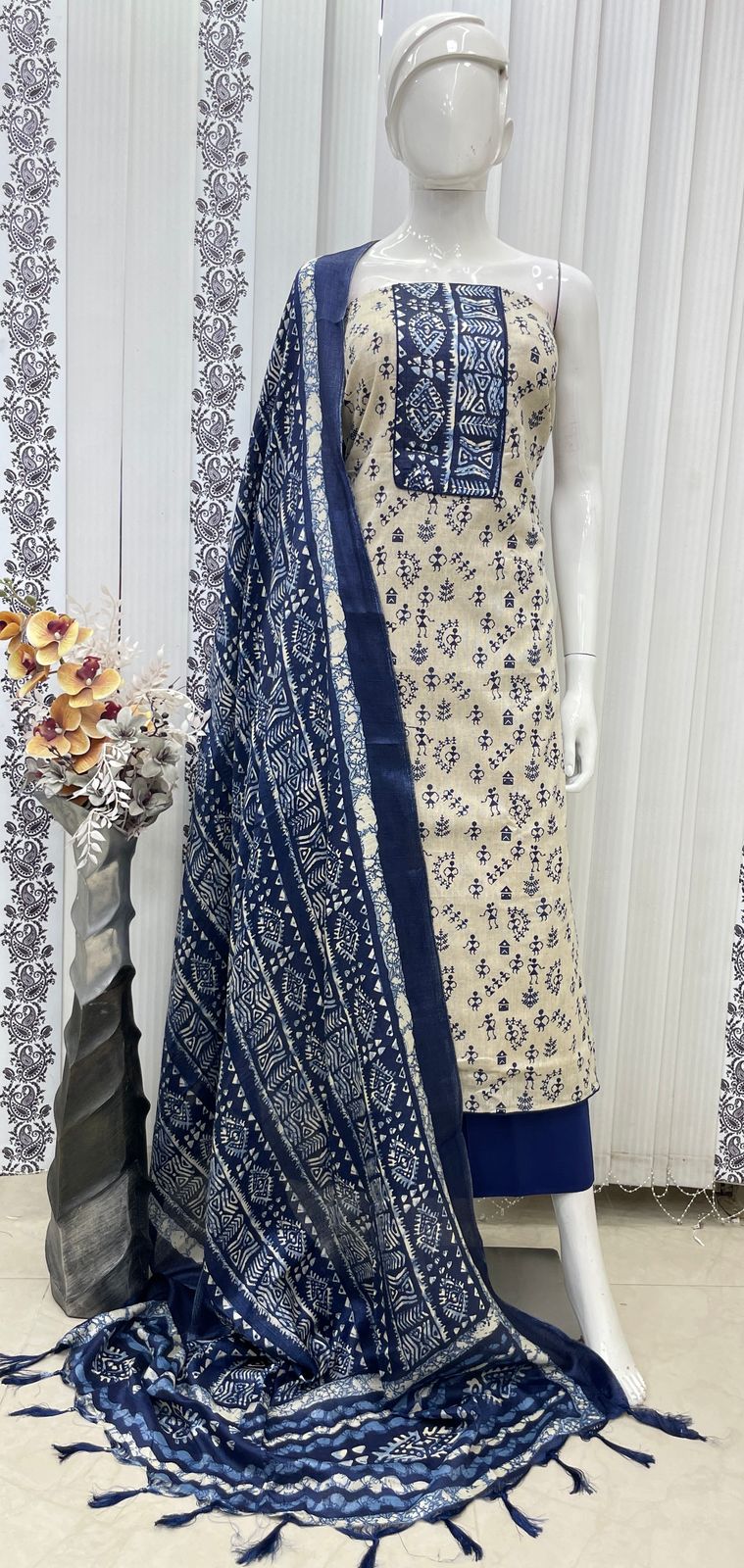 COTTON JUTE BLOCK PRINT NECK PATCH WITH MIRROR HANDWORK